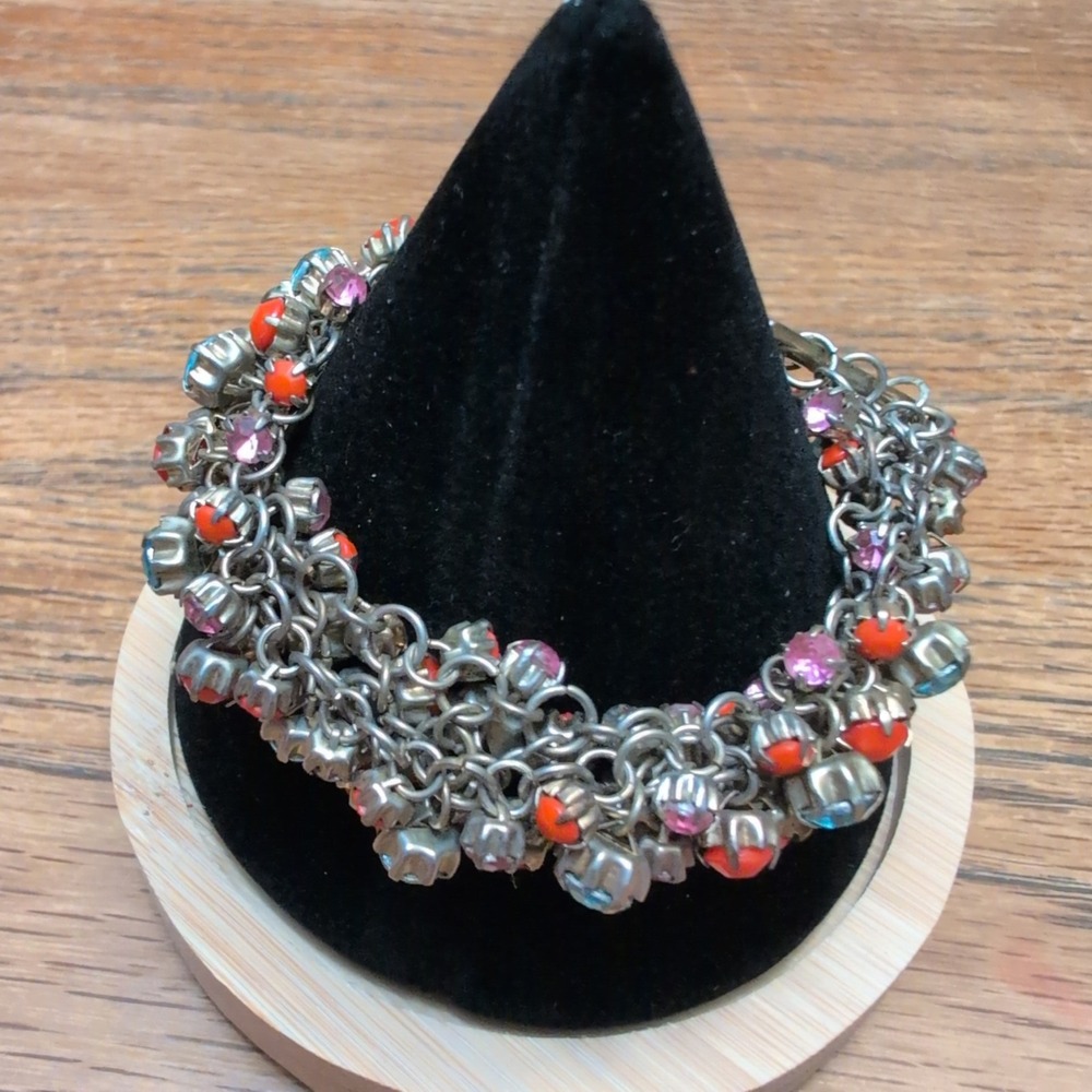 Silver Tone Multi Strand Cluster Bracelet Orange Pink Blue Rhinestone Cabochon - Picture 1 of 3